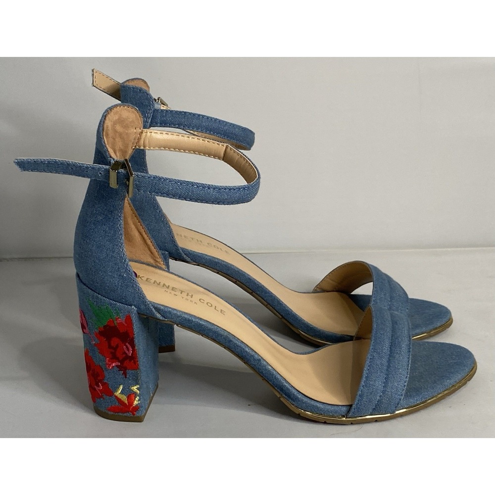 Kenneth Cole Sandals 8.5 Lisa Denim Blue Embroidered Spring Floral Ankle Strap